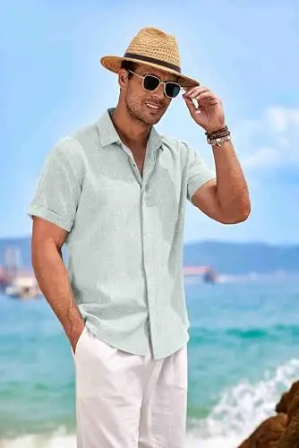 COOFANDY Men's Linen Shirts Short Sleeve Casual Shirts Button Down Shirt for Men Beach Summer Wedding Shirt - 5