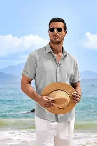 COOFANDY Men's Linen Shirts Short Sleeve Casual Shirts Button Down Shirt for Men Beach Summer Wedding Shirt - 3
