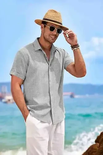 COOFANDY Men's Linen Shirts Short Sleeve Casual Shirts Button Down Shirt for Men Beach Summer Wedding Shirt - 5