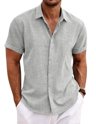 COOFANDY Men's Linen Shirts Short Sleeve Casual Shirts Button Down Shirt for Men Beach Summer Wedding Shirt 