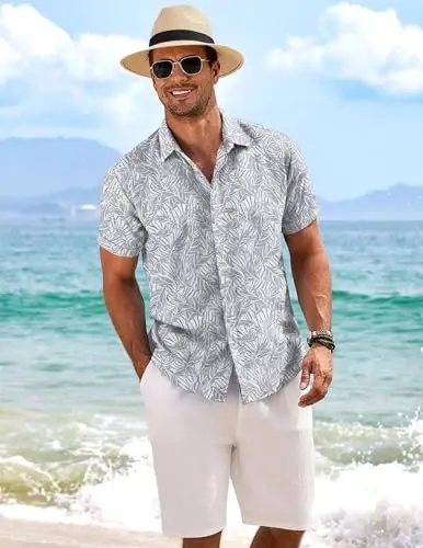 COOFANDY Men's Linen Shirts Short Sleeve Casual Shirts Button Down Shirt for Men Beach Summer Wedding Shirt - 3