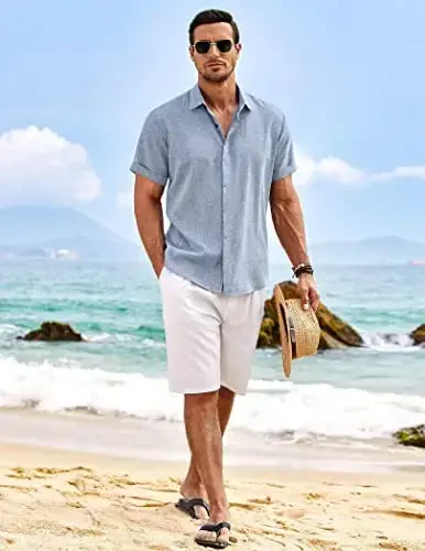 COOFANDY Men's Linen Shirts Short Sleeve Casual Shirts Button Down Shirt for Men Beach Summer Wedding Shirt - 4