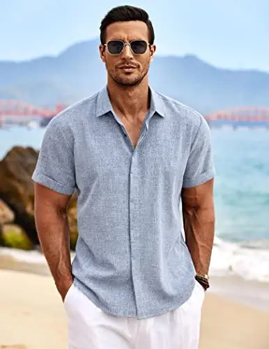 COOFANDY Men's Linen Shirts Short Sleeve Casual Shirts Button Down Shirt for Men Beach Summer Wedding Shirt - 2