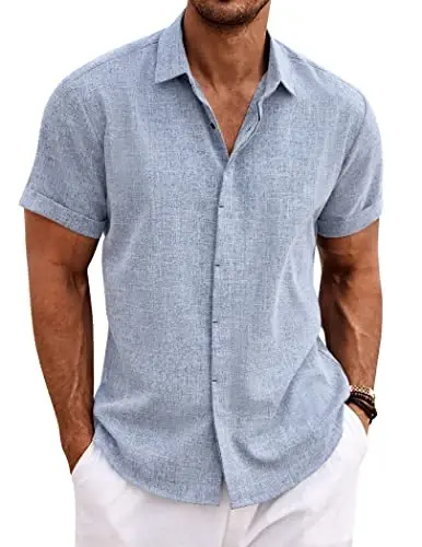 COOFANDY Men's Linen Shirts Short Sleeve Casual Shirts Button Down Shirt for Men Beach Summer Wedding Shirt 