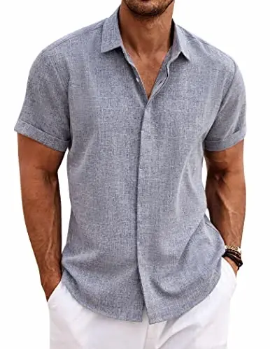 COOFANDY Men's Linen Shirts Short Sleeve Casual Shirts Button Down Shirt for Men Beach Summer Wedding Shirt - 1