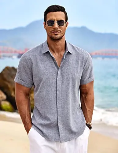 COOFANDY Men's Linen Shirts Short Sleeve Casual Shirts Button Down Shirt for Men Beach Summer Wedding Shirt - 2