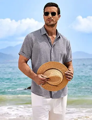 COOFANDY Men's Linen Shirts Short Sleeve Casual Shirts Button Down Shirt for Men Beach Summer Wedding Shirt - 3