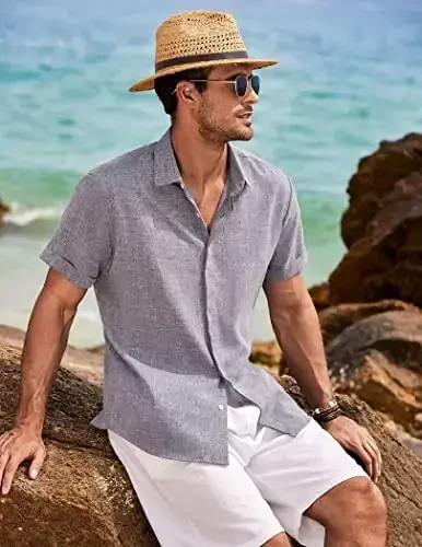 COOFANDY Men's Linen Shirts Short Sleeve Casual Shirts Button Down Shirt for Men Beach Summer Wedding Shirt - 4