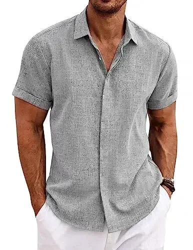 COOFANDY Men's Linen Shirts Short Sleeve Casual Shirts Button Down Shirt for Men Beach Summer Wedding Shirt - COOFANDY
