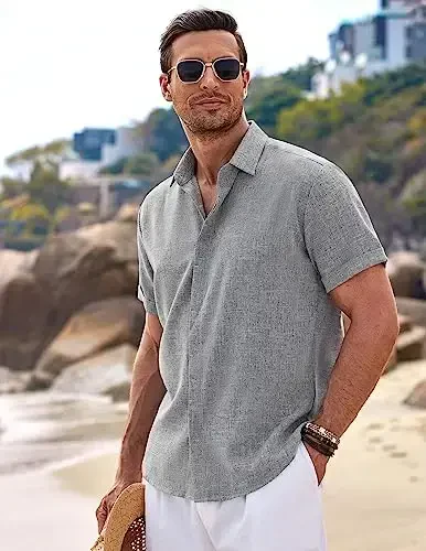 COOFANDY Men's Linen Shirts Short Sleeve Casual Shirts Button Down Shirt for Men Beach Summer Wedding Shirt - 2