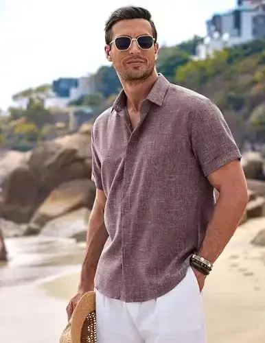 COOFANDY Men's Linen Shirts Short Sleeve Casual Shirts Button Down Shirt for Men Beach Summer Wedding Shirt - COOFANDY (1)