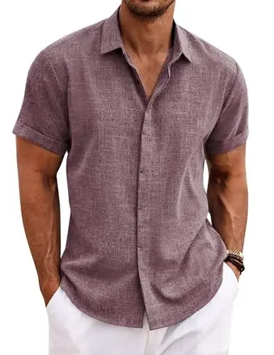 COOFANDY Men's Linen Shirts Short Sleeve Casual Shirts Button Down Shirt for Men Beach Summer Wedding Shirt - 1
