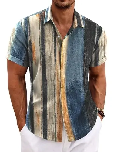 COOFANDY Men's Linen Shirts Short Sleeve Casual Shirts Button Down Shirt for Men Beach Summer Wedding Shirt 