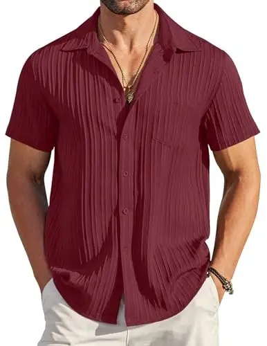 COOFANDY Men's Casual Button Down Shirts Short Sleeve Textured Summer Beach Shirt with Pocket - 3