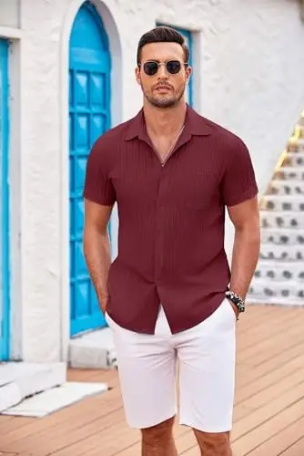 COOFANDY Men's Casual Button Down Shirts Short Sleeve Textured Summer Beach Shirt with Pocket - 4