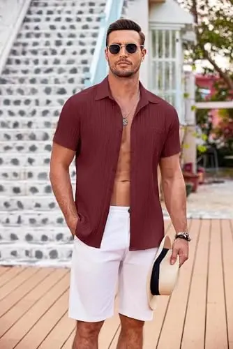 COOFANDY Men's Casual Button Down Shirts Short Sleeve Textured Summer Beach Shirt with Pocket - 5