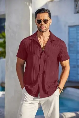 COOFANDY Men's Casual Button Down Shirts Short Sleeve Textured Summer Beach Shirt with Pocket - 6