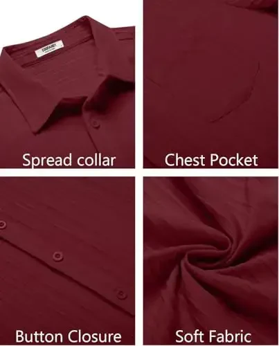 COOFANDY Men's Casual Button Down Shirts Short Sleeve Textured Linen Summer Beach Shirt with Pocket 