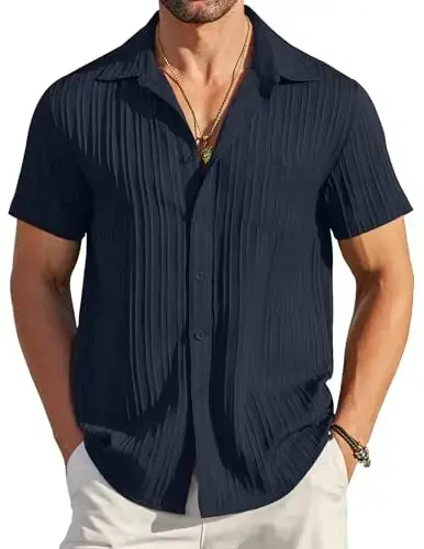 COOFANDY Men's Casual Button Down Shirts Short Sleeve Textured Summer Beach Shirt with Pocket - 1