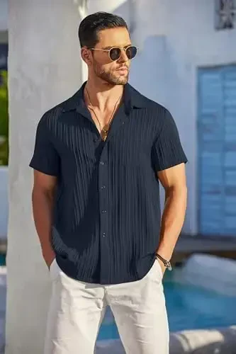 COOFANDY Men's Casual Button Down Shirts Short Sleeve Textured Summer Beach Shirt with Pocket - 2
