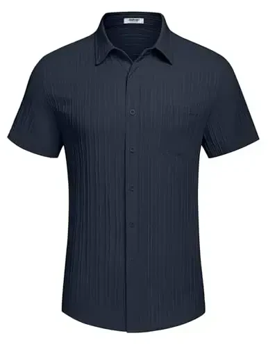 COOFANDY Men's Casual Button Down Shirts Short Sleeve Textured Summer Beach Shirt with Pocket - 4