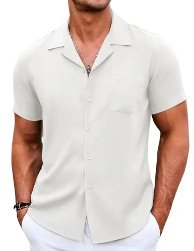 COOFANDY Men's Casual Button Down Shirts Short Sleeve Linen Beach Shirt Cuban Vacation Textured Shirts with Pocket - 1