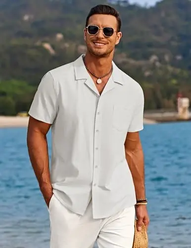 COOFANDY Men's Casual Button Down Shirts Short Sleeve Linen Beach Shirt Cuban Vacation Textured Shirts with Pocket - 2