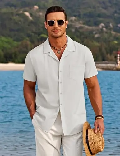 COOFANDY Men's Casual Button Down Shirts Short Sleeve Linen Beach Shirt Cuban Vacation Textured Shirts with Pocket - 3