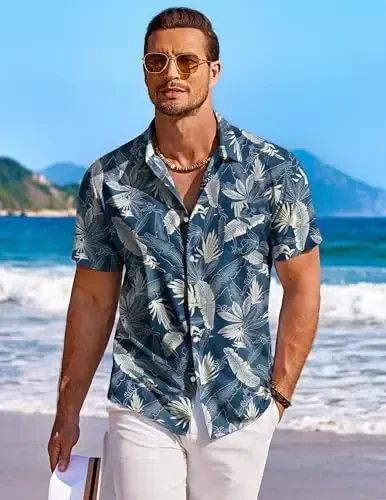 COOFANDY Men's Casual Button Down Shirts Short Sleeve Summer Beach Shirt Fashion Textured Shirts with Pocket - 2