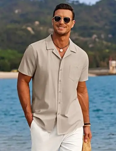 COOFANDY Men's Casual Button Down Shirts Short Sleeve Summer Beach Shirt Cuban Vacation Textured Shirts with Pocket - COOFANDY (1)