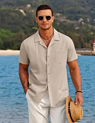 COOFANDY Men's Casual Button Down Shirts Short Sleeve Summer Beach Shirt Cuban Vacation Textured Shirts with Pocket - 3