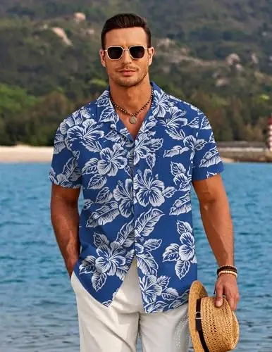 COOFANDY Men's Casual Button Down Shirts Short Sleeve Summer Beach Shirt Cuban Vacation Textured Shirts with Pocket - 2