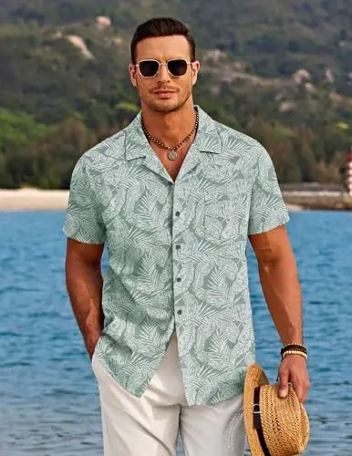 COOFANDY Men's Casual Button Down Shirts Short Sleeve Summer Beach Shirt Cuban Vacation Textured Shirts with Pocket - 4