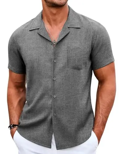 COOFANDY Men's Casual Button Down Shirts Short Sleeve Summer Beach Shirt Cuban Vacation Textured Shirts with Pocket - 1