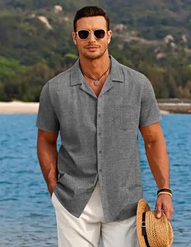 COOFANDY Men's Casual Button Down Shirts Short Sleeve Summer Beach Shirt Cuban Vacation Textured Shirts with Pocket - 3