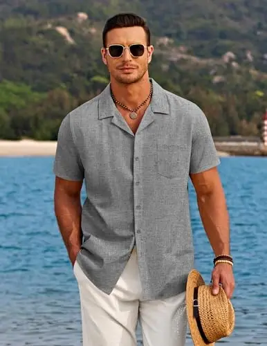 COOFANDY Men's Casual Button Down Shirts Short Sleeve Summer Beach Shirt Cuban Vacation Textured Shirts with Pocket - Modazone (1)