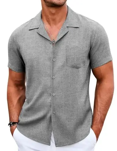 COOFANDY Men's Casual Button Down Shirts Short Sleeve Summer Beach Shirt Cuban Vacation Textured Shirts with Pocket - 1
