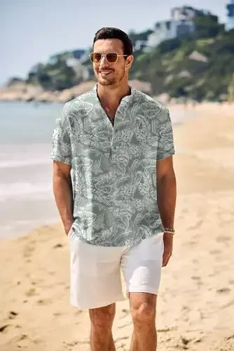 COOFANDY Men's Casual Henley Shirt Band Collar Short Sleeve Shirt Summer Beach Hippie T-Shirt - 2