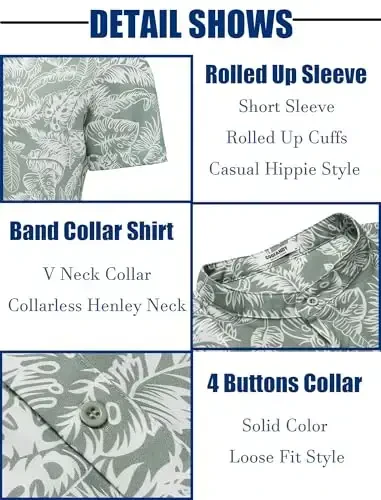COOFANDY Men's Casual Henley Shirt Band Collar Short Sleeve Shirt Summer Beach Hippie T-Shirt - 5