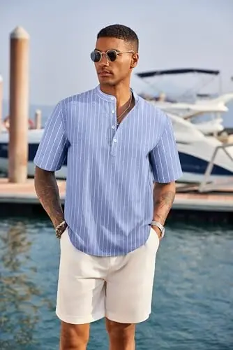 COOFANDY Men's Casual Henley Shirt Short Sleeve Linen Shirt Summer T-Shirts | Breathable Linen like texture, moisture-wicking, band collar, roll-up sleeves; easy match, great for beach, vacation & gifts - COOFANDY (1)