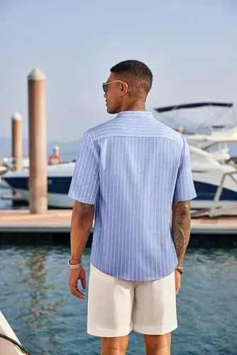 COOFANDY Men's Casual Henley Shirt Short Sleeve Linen Shirt Summer T-Shirts | Breathable Linen like texture, moisture-wicking, band collar, roll-up sleeves; easy match, great for beach, vacation & gifts - 3