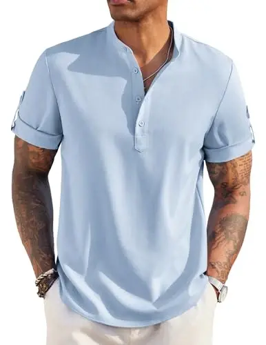 COOFANDY Men's Casual Henley Shirt Short Sleeve Band Collar Linen Shirt Summer Beach Hippie T-Shirts - 1