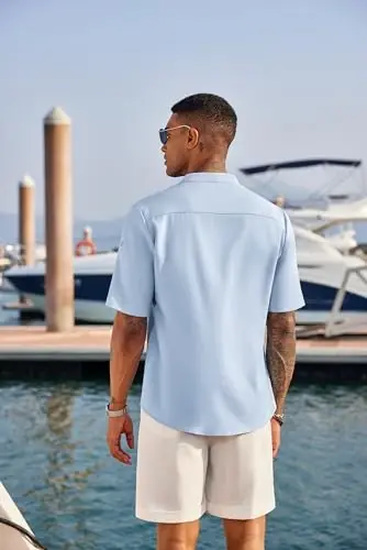 COOFANDY Men's Casual Henley Shirt Short Sleeve Band Collar Linen Shirt Summer Beach Hippie T-Shirts - 3