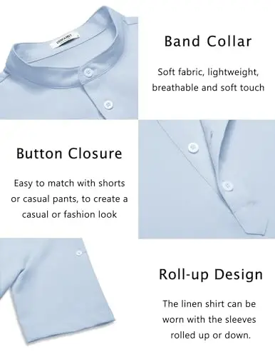 COOFANDY Men's Casual Henley Shirt Short Sleeve Band Collar Linen Shirt Summer Beach Hippie T-Shirts - 5