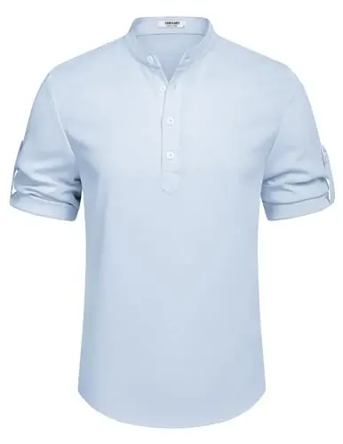 COOFANDY Men's Casual Henley Shirt Short Sleeve Band Collar Linen Shirt Summer Beach Hippie T-Shirts - 6