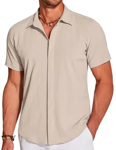 COOFANDY Men's Casual Short Sleeve Button Down Summer Beach Shirt Lightweight Textured Wrinkle Free Stretch Shirts - COOFANDY