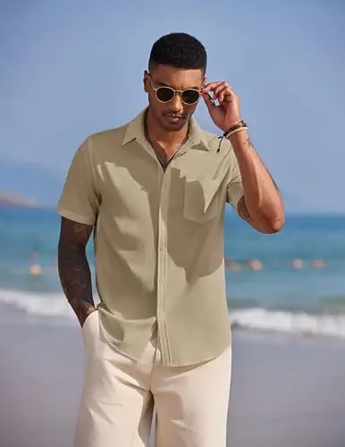 COOFANDY Men's Casual Summer Beach Wrinkle Free Shirts Short Sleeve Button Down Lightweight Untucked Textured Shirt - 3