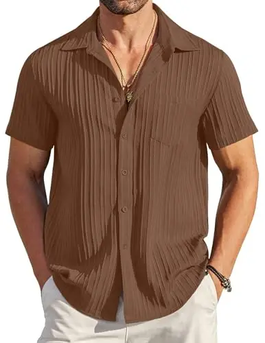 COOFANDY Men's Casual Button Down Shirts Short Sleeve Textured Summer Beach Shirt with Pocket - 1