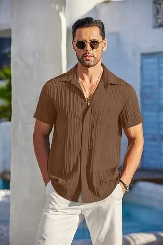 COOFANDY Men's Casual Button Down Shirts Short Sleeve Textured Summer Beach Shirt with Pocket - 2
