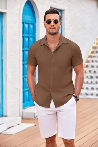 COOFANDY Men's Casual Button Down Shirts Short Sleeve Textured Summer Beach Shirt with Pocket - 4